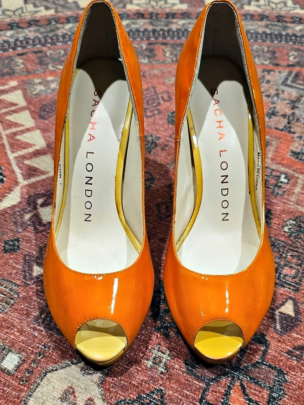 SACHA LONDON Patent Open-Toe Heels in Orange & Yellow Size 7
